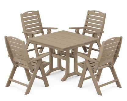 POLYWOOD Nautical Folding Highback Chair 5-Piece Farmhouse Trestle Dining Set in Vintage Sahara