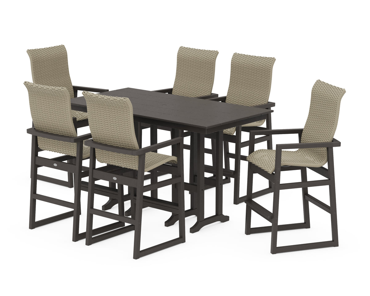 POLYWOOD EDGE Woven Highback Arm Chair 7-Piece Farmhouse Bar Set in Vintage Coffee / Dune Grass
