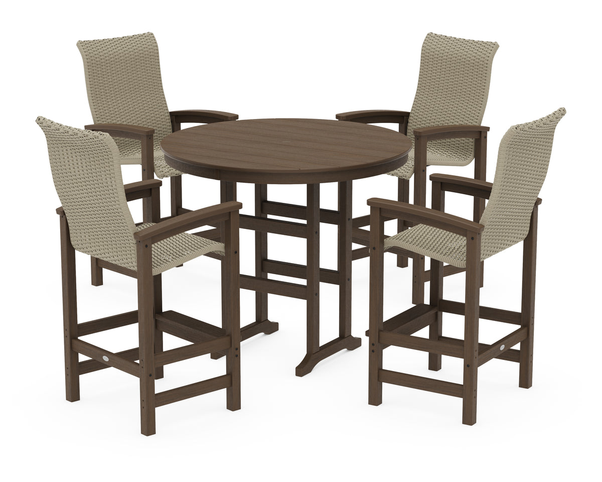 POLYWOOD Coastal Woven High-Back 5-Piece Round Farmhouse Bar Set in Kona / Dune Grass