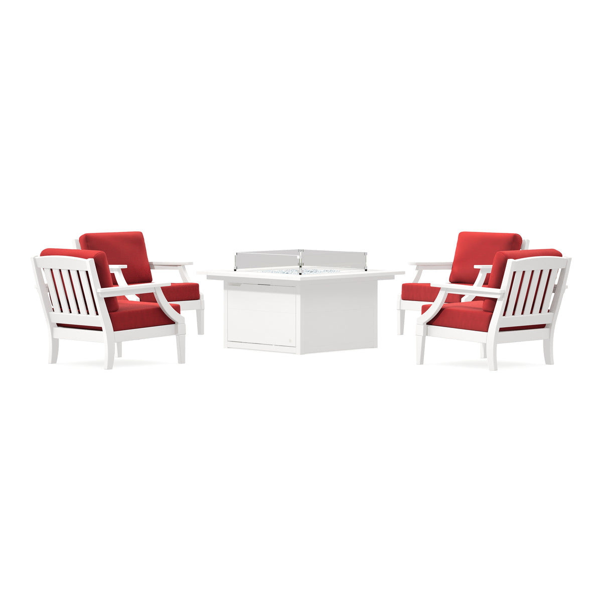 POLYWOOD PW Designer Series Estate 5-Piece Lounge Fire Table Set in Vintage White / Crimson Linen