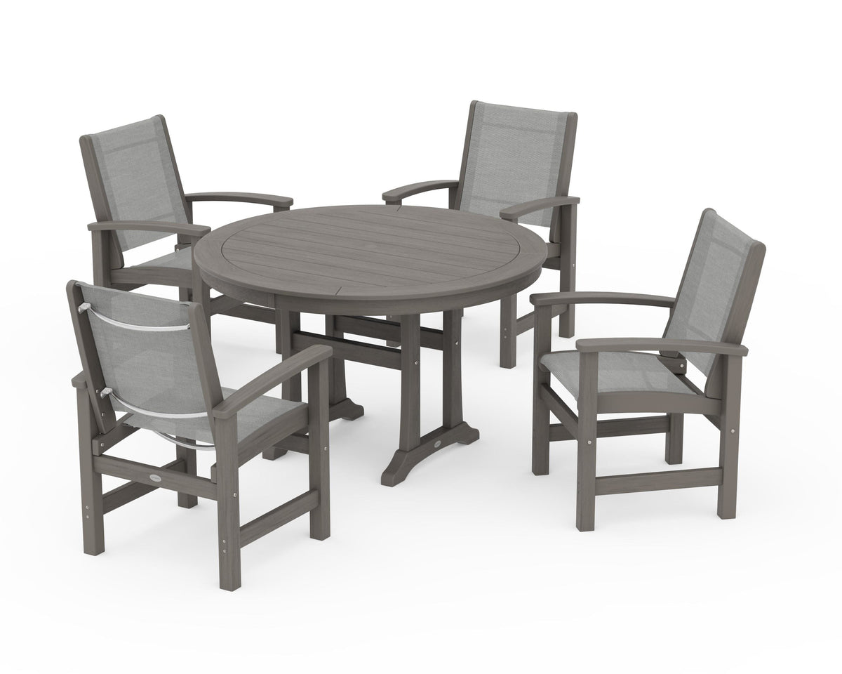 POLYWOOD Coastal 5-Piece Round Dining Set with Trestle Legs in Driftwood / Metallic