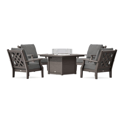 POLYWOOD Country Living Wovendale 5-Piece Deep Seating Set with Fire Pit Table in Vintage Coffee