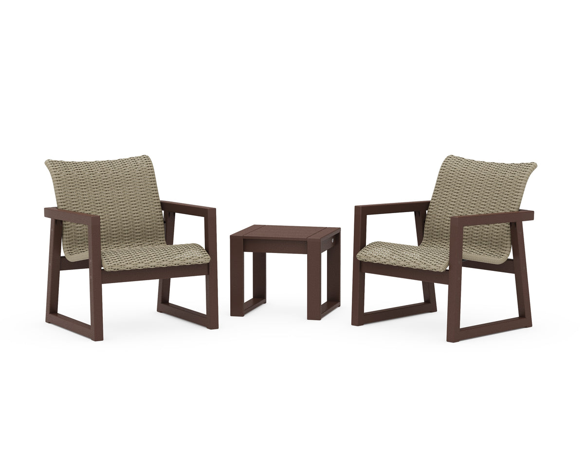 POLYWOOD EDGE Woven 3-Piece Lounge Chair Seating Set in Mahogany / Dune Grass