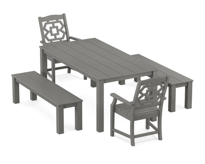 POLYWOOD Chinoiserie 5-Piece Parsons Dining Set with Benches in Slate Grey