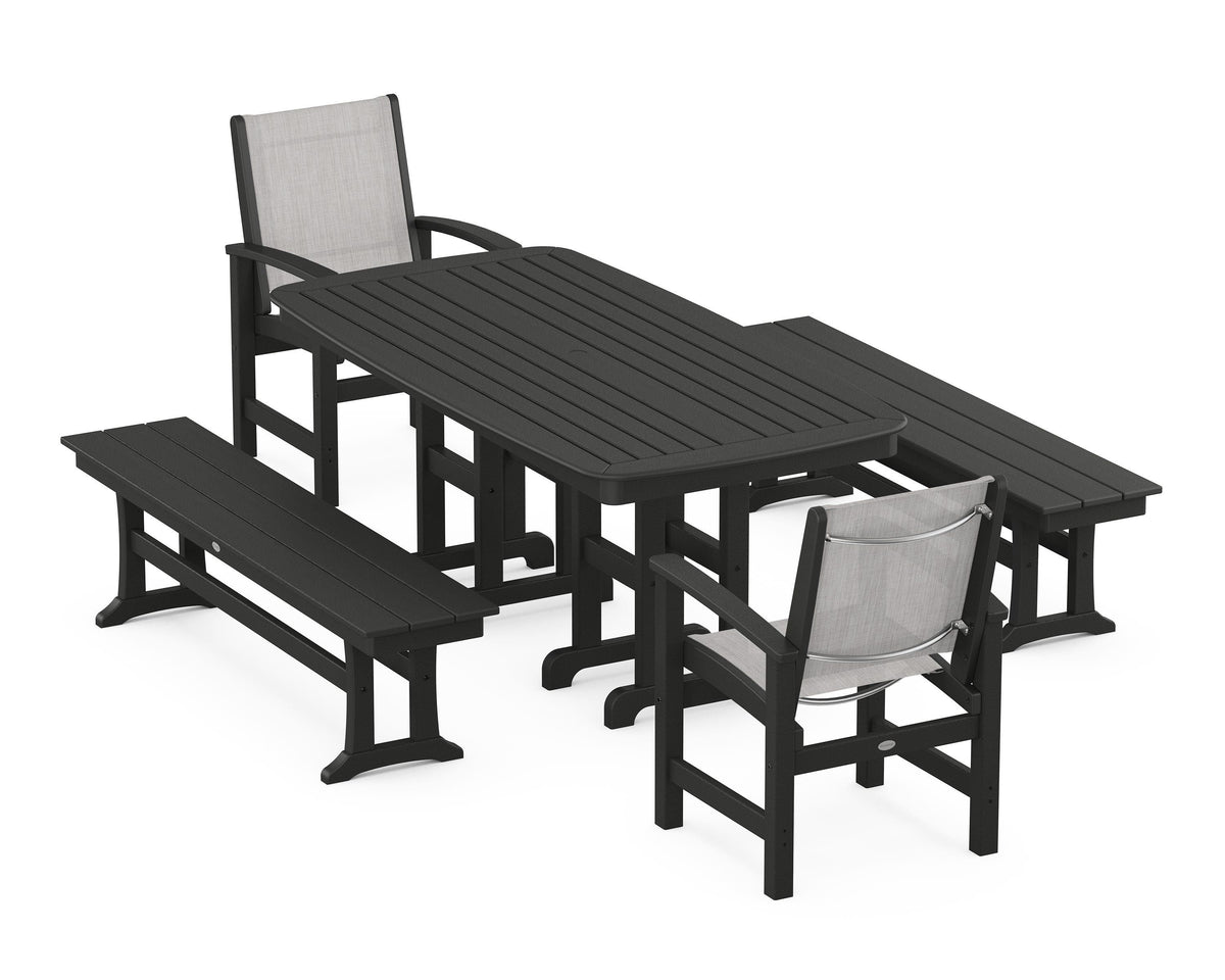 POLYWOOD Coastal 5-Piece Dining Set with Nautical 37" x 72" Dining Table in Black / Parchment