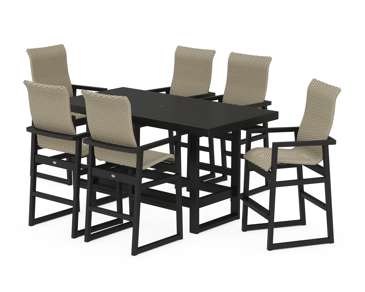 POLYWOOD EDGE Woven Highback Arm Chair 7-Piece Bar Set in Black / Dune Grass