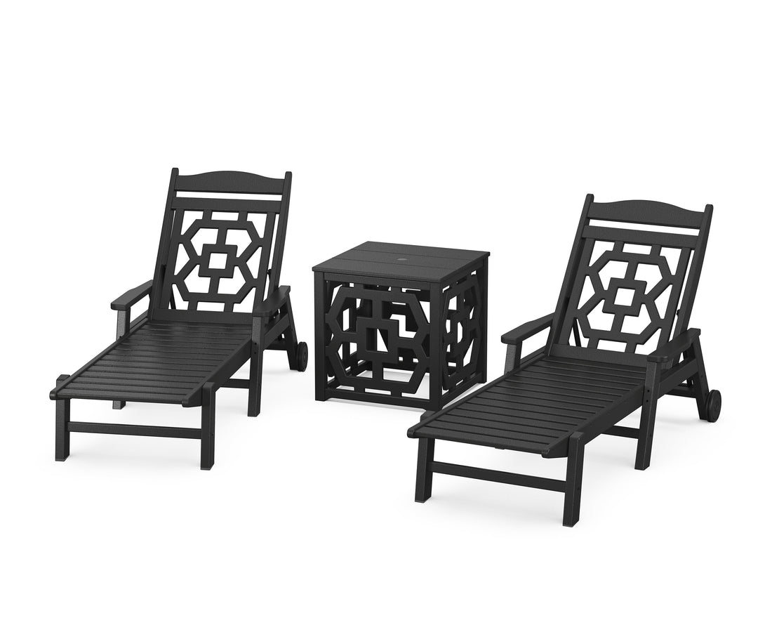 POLYWOOD Chinoiserie 3-Piece Chaise Set with Umbrella Stand Accent Table in Black