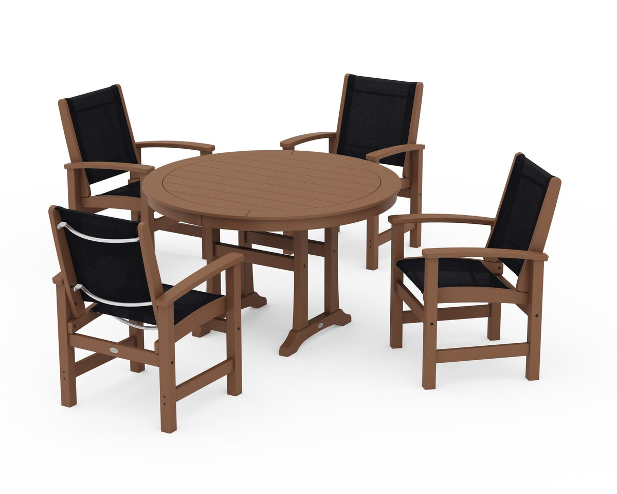 POLYWOOD Coastal 5-Piece Round Dining Set with Trestle Legs in Teak / Black