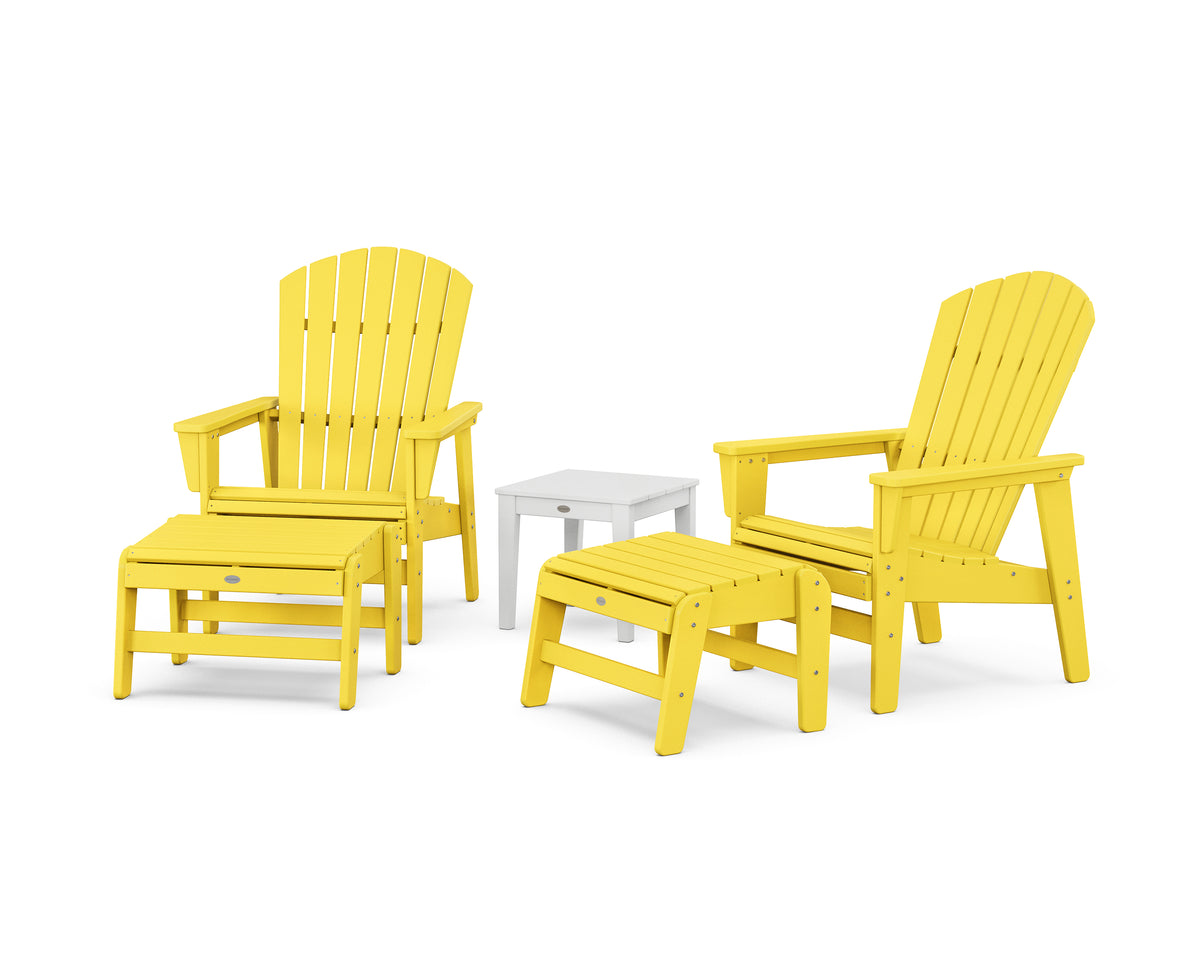 POLYWOOD 5-Piece Nautical Grand Upright Adirondack Set with Ottomans and Side Table in Lemon / White