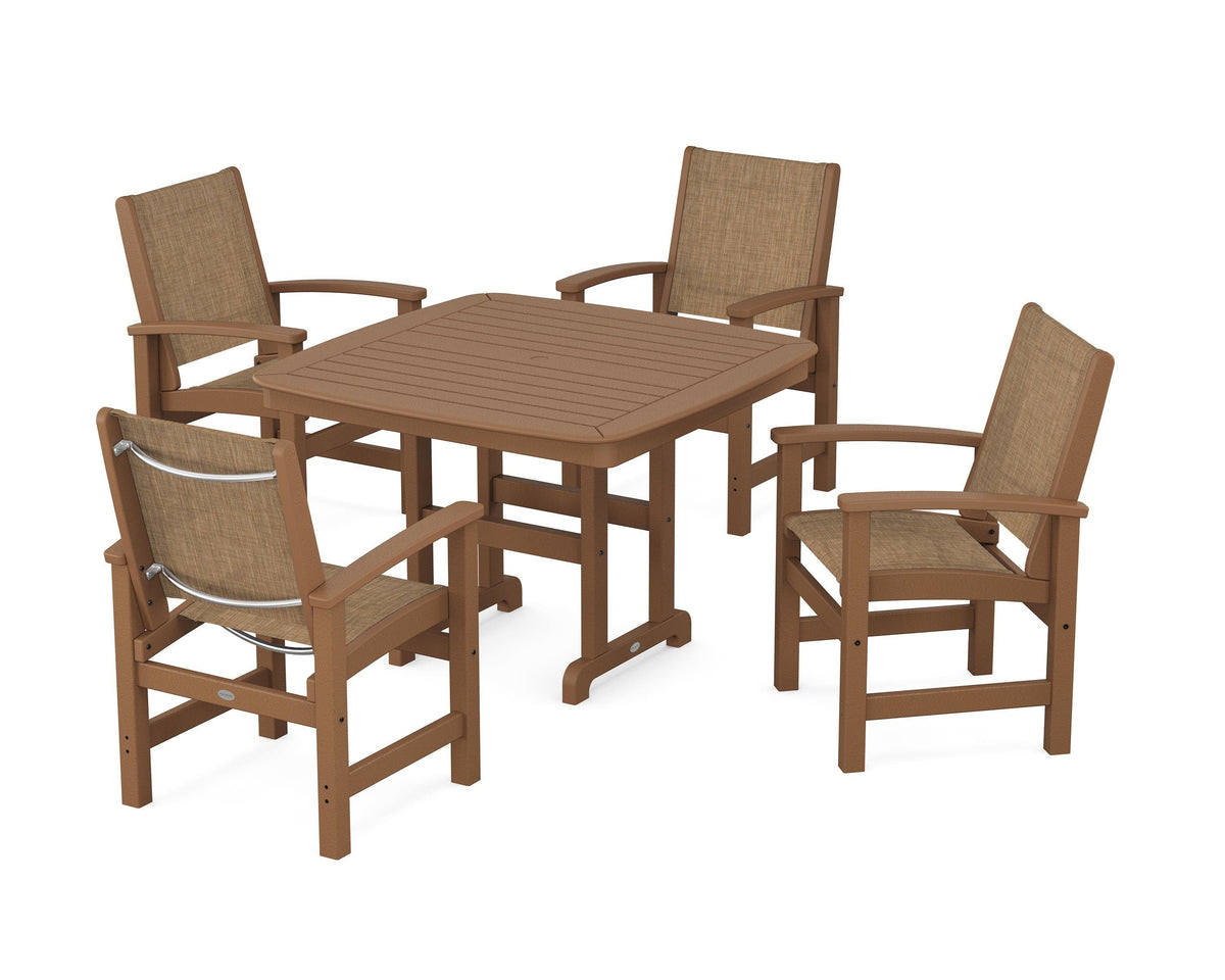 POLYWOOD Coastal 5-Piece Dining Set with Nautical 44" Dining Table in Teak / Burlap