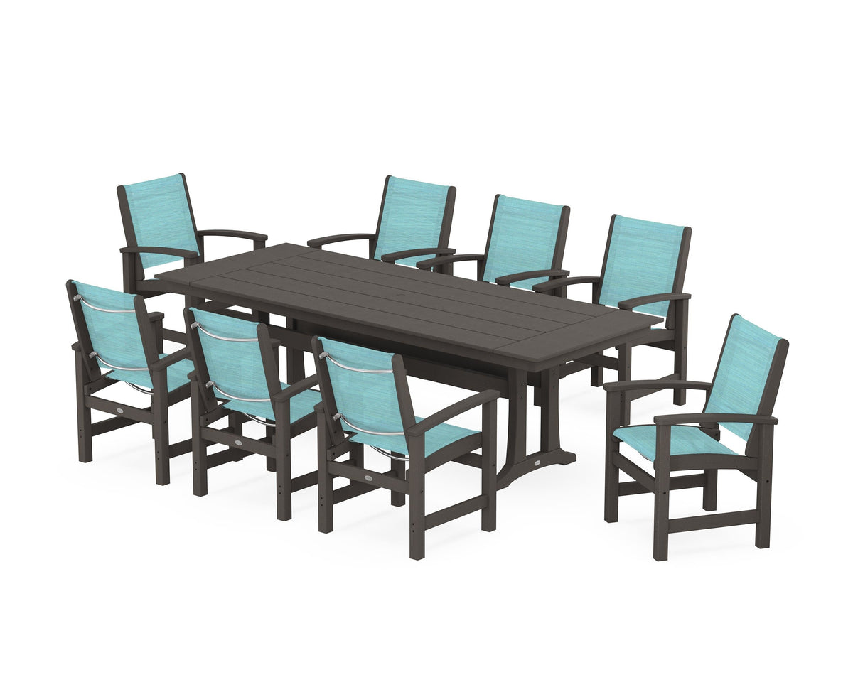 POLYWOOD Coastal 9-Piece Farmhouse Dining Set with Trestle Legs in Vintage Coffee / Dupioni Aquamarine