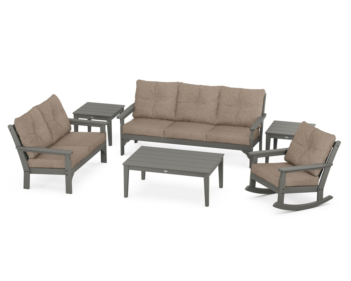 POLYWOOD Vineyard 6-Piece Deep Seating Set with Rocking Chair in Slate Grey / Spiced Burlap