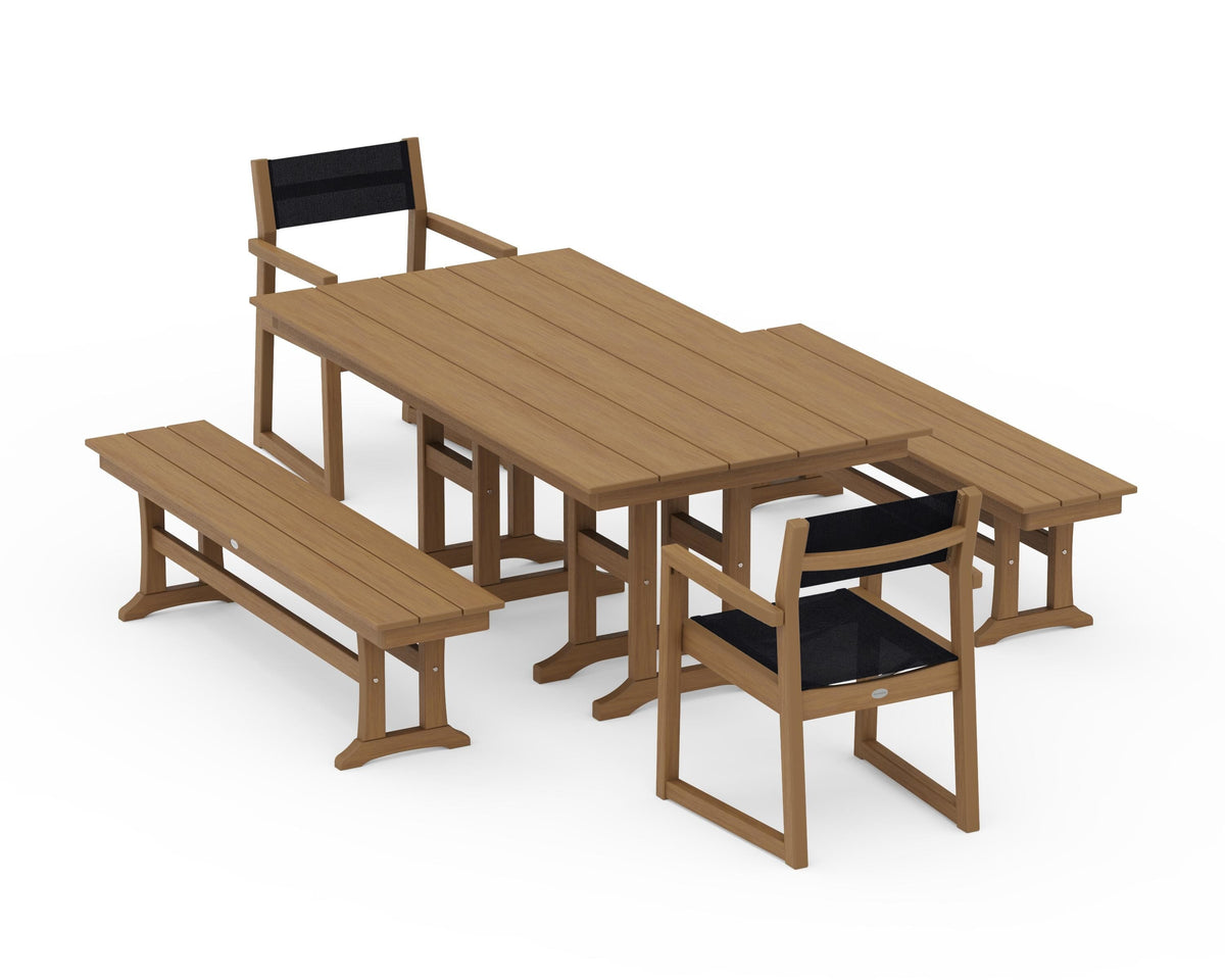 POLYWOOD EDGE Sling Arm Chair 5-Piece Farmhouse Dining Set with Benches in Natural / Black