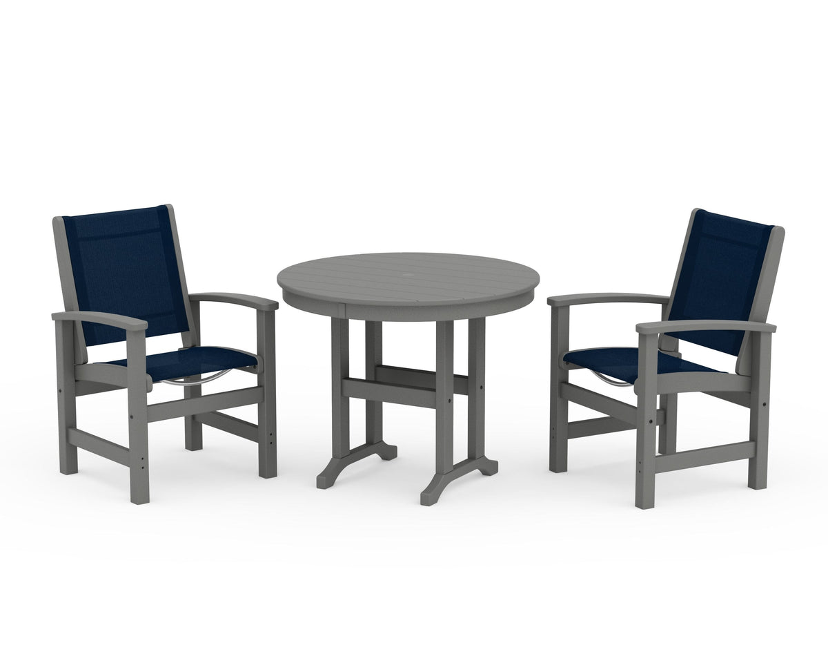 POLYWOOD Coastal 3-Piece Round Dining Set in Slate Grey / Navy Blue