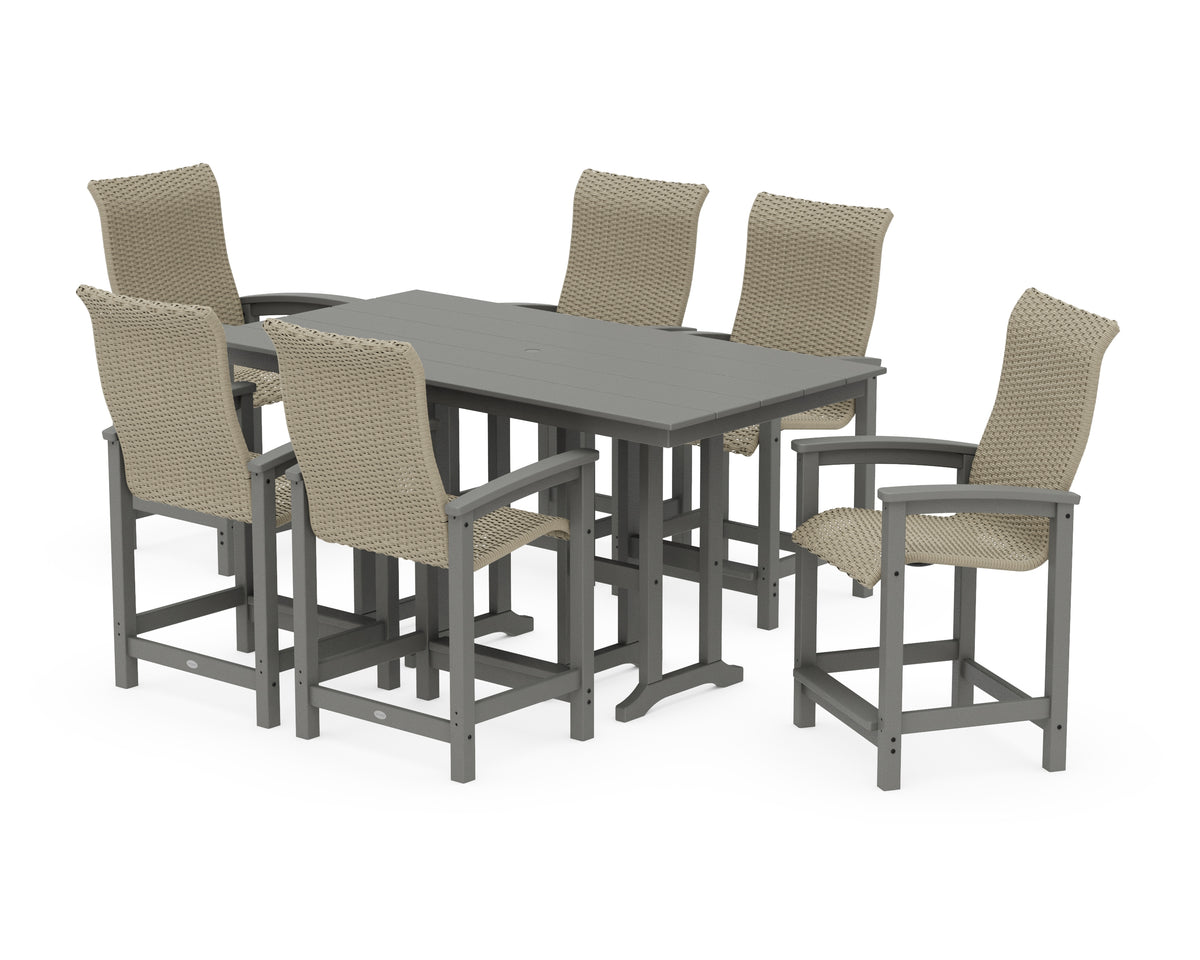 POLYWOOD Coastal Woven High-Back Arm Chair 7-Piece Farmhouse Counter Set in Slate Grey / Dune Grass
