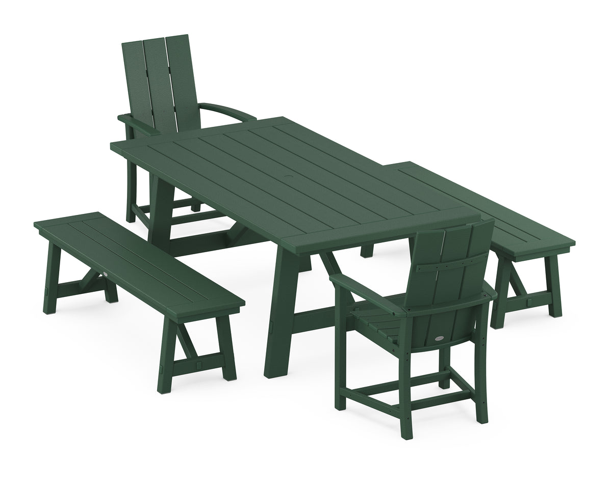POLYWOOD Modern Adirondack 5-Piece Rustic Farmhouse Dining Set with Benches in Green
