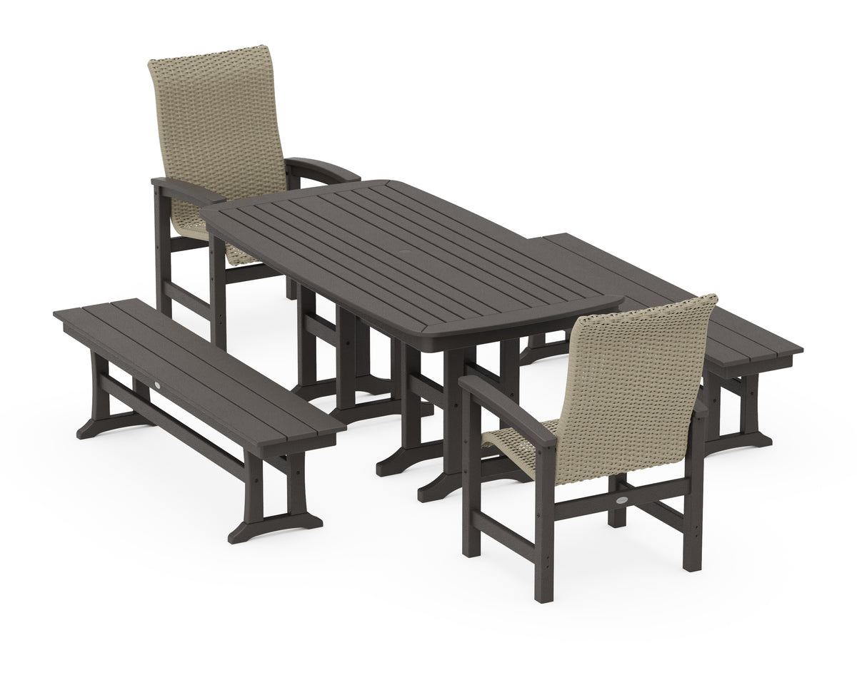 POLYWOOD Coastal Woven High-Back 5-Piece Dining Set with Benches in Vintage Coffee / Dune Grass