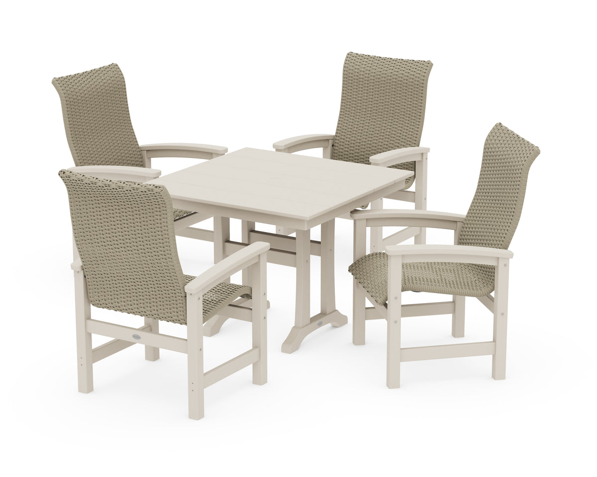 POLYWOOD Coastal Woven High-Back 5-Piece Farmhouse Dining Set with Trestle Legs in Sand / Dune Grass