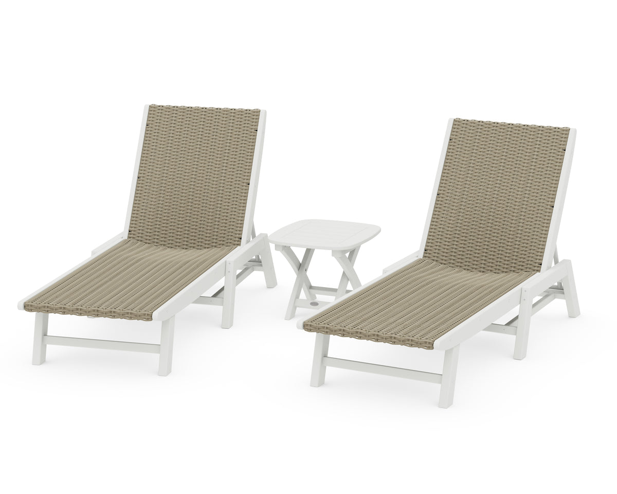POLYWOOD 3-Piece Coastal Woven Chaise Lounge Set in White / Dune Grass