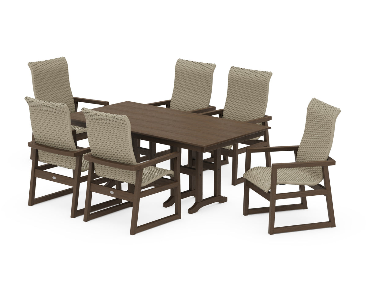POLYWOOD EDGE Woven High-Back Arm Chair 7-Piece Farmhouse Dining Set in Kona / Dune Grass