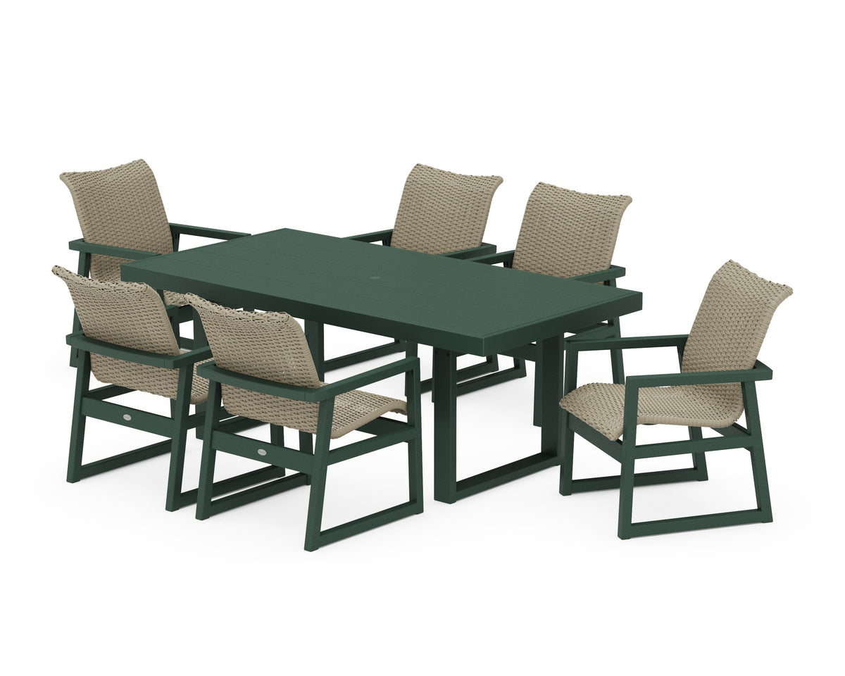 POLYWOOD EDGE Woven Arm Chair 7-Piece Dining Set in Green / Dune Grass