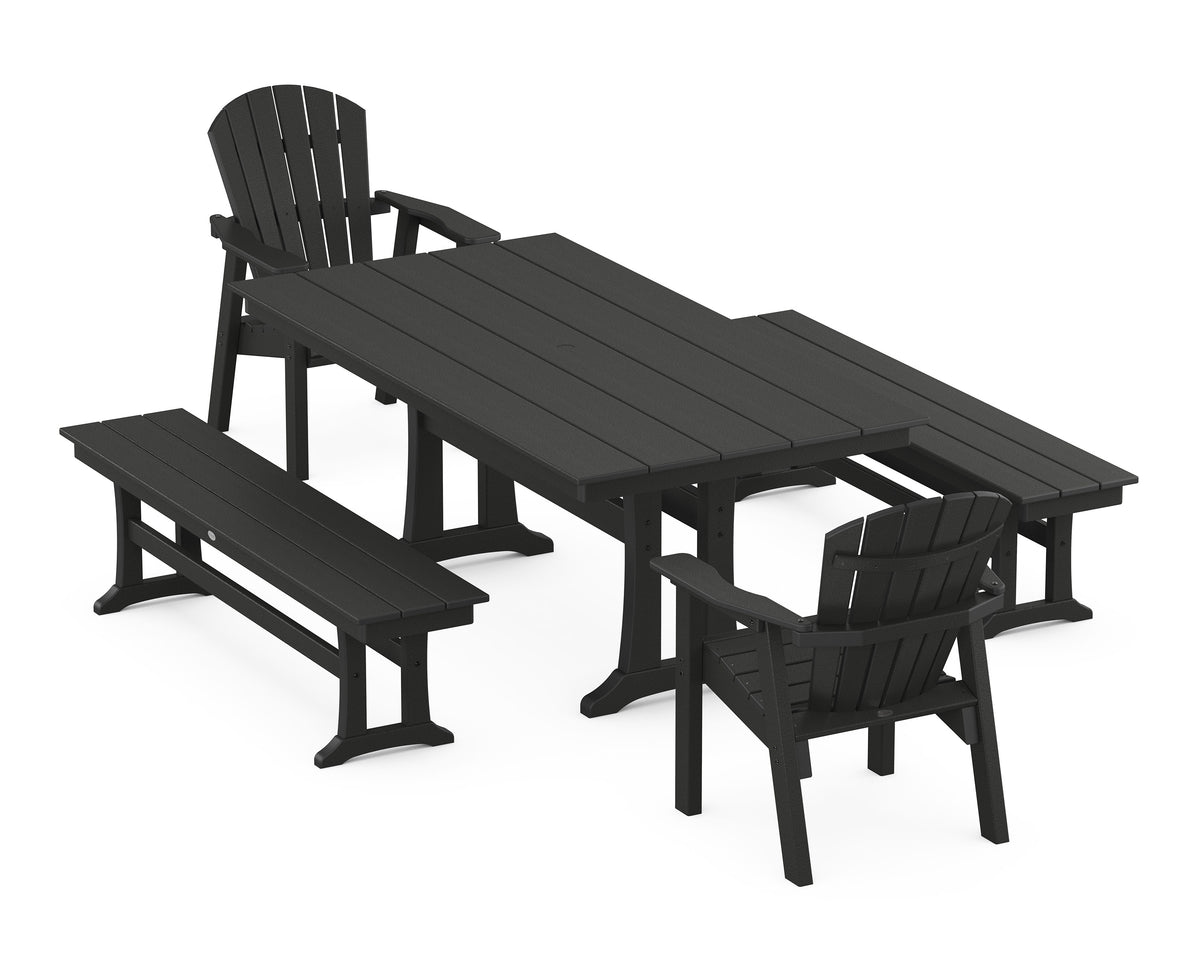 POLYWOOD Seashell 5-Piece Farmhouse Dining Set with Trestle Legs - 37" x 72" Table in Black