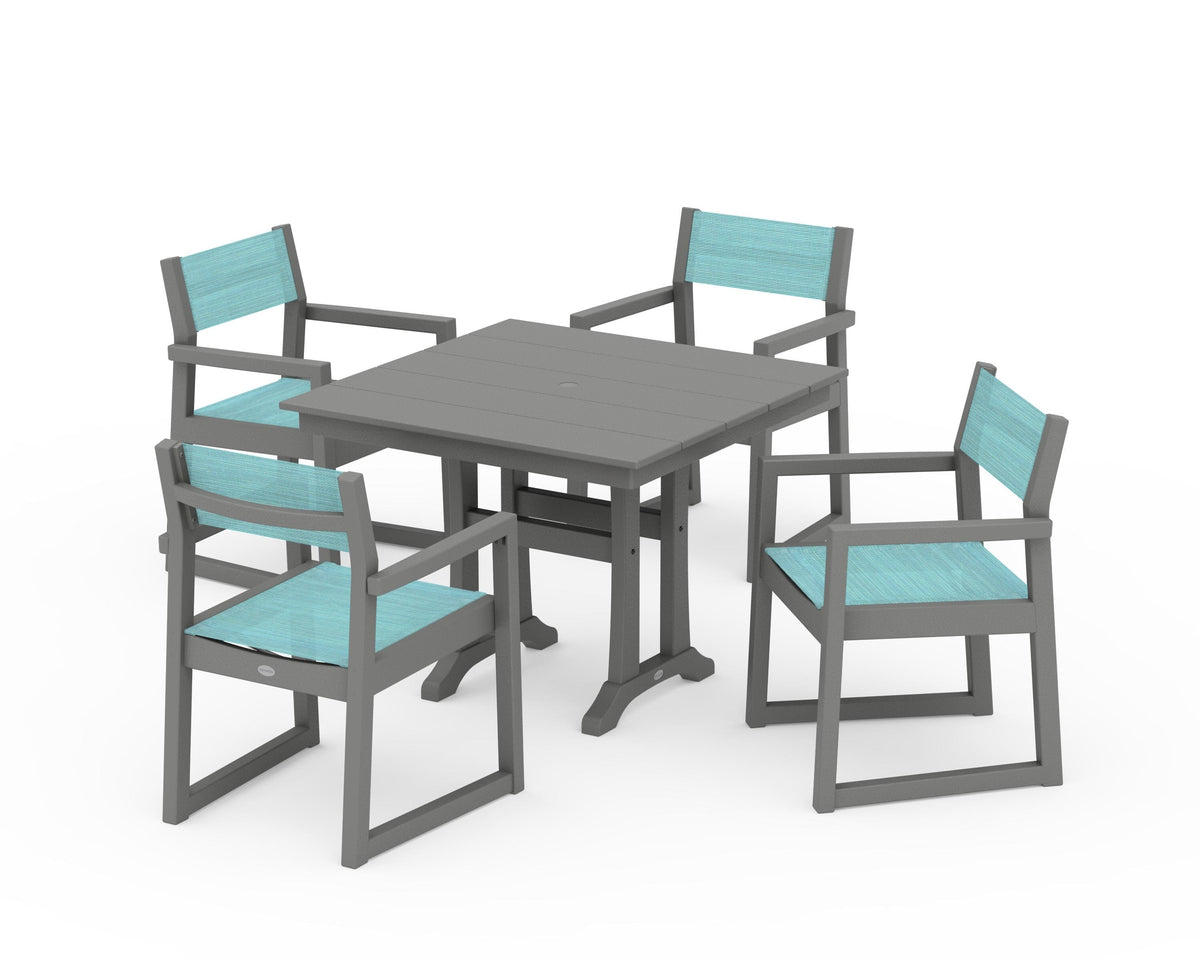 POLYWOOD EDGE Sling 5-Piece Farmhouse Dining Set with Trestle Legs in Slate Grey / Dupioni Aquamarine