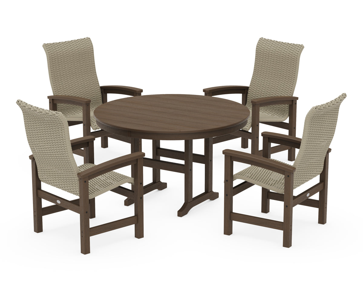 POLYWOOD Coastal Woven High-Back 5-Piece Round Farmhouse Dining Set in Kona / Dune Grass