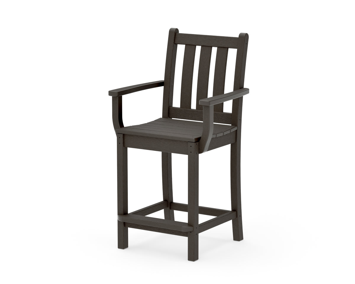 POLYWOOD Traditional Garden Counter Arm Chair in Vintage Coffee