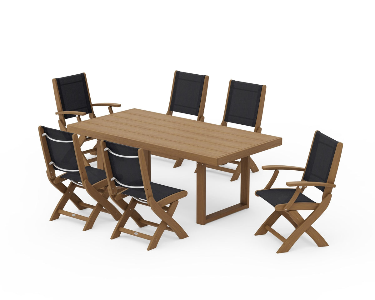 POLYWOOD Coastal Folding Chair 7-Piece Dining Set with Trestle Legs with EDGE 40" x 78" Dining Table in Natural / Black