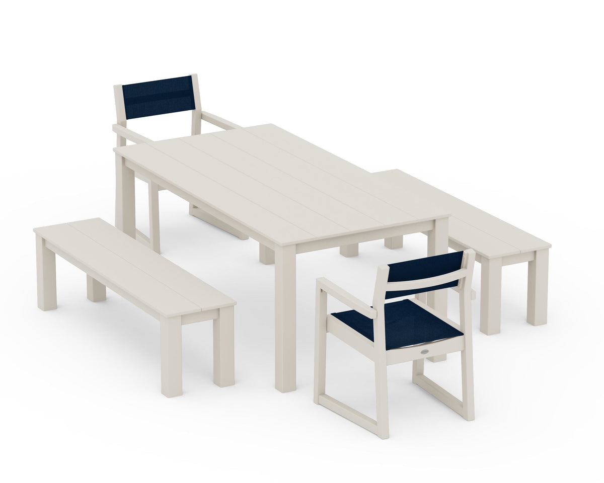 POLYWOOD EDGE Sling Arm Chair 5-Piece Parsons Dining Set with Benches in Sand / Navy Blue