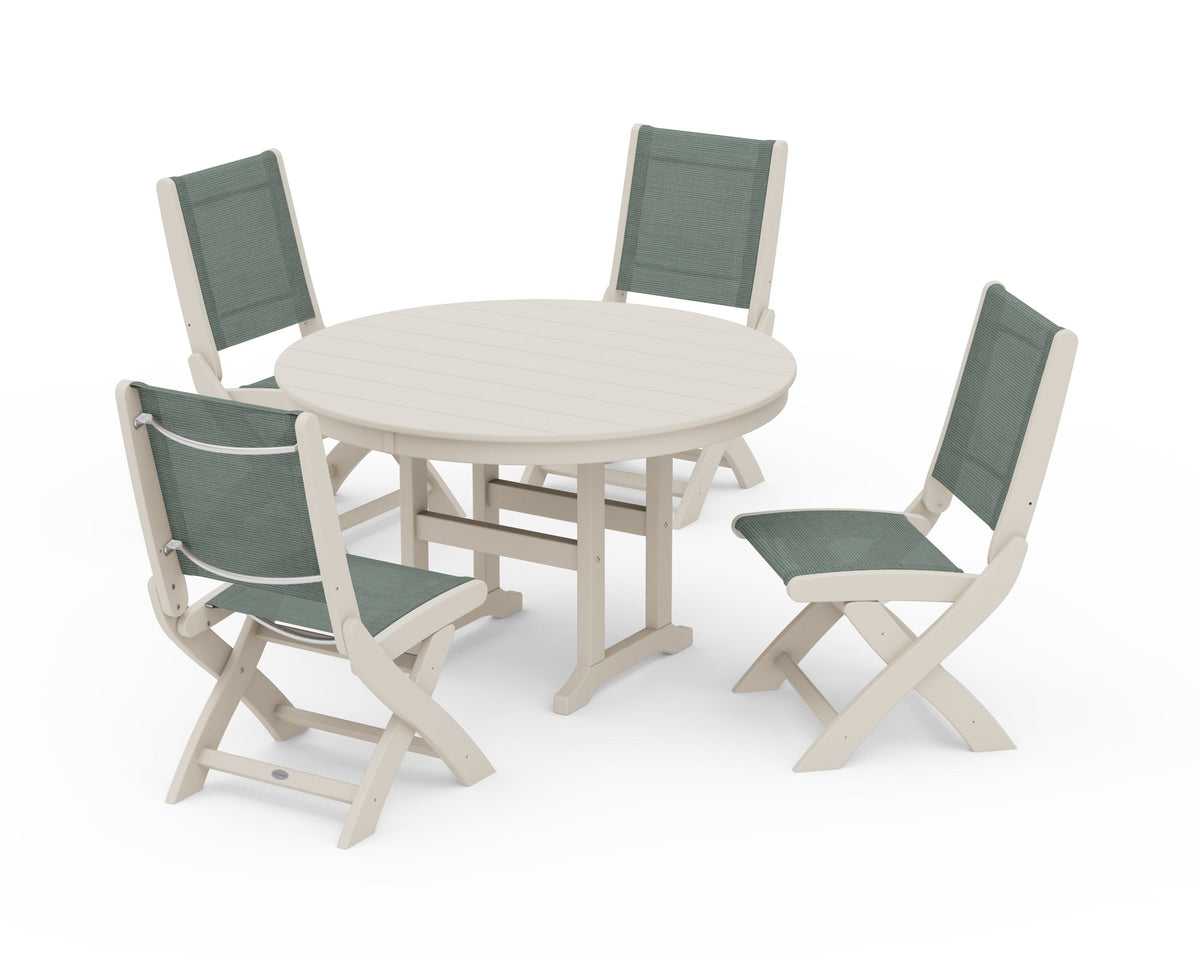POLYWOOD Coastal Folding Side Chair 5-Piece Round Dining Set in Sand / Dupioni Sea Mist