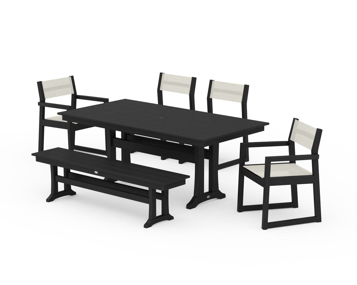 POLYWOOD EDGE Sling 6-Piece Farmhouse Dining Set With Trestle Legs in Black / Parchment