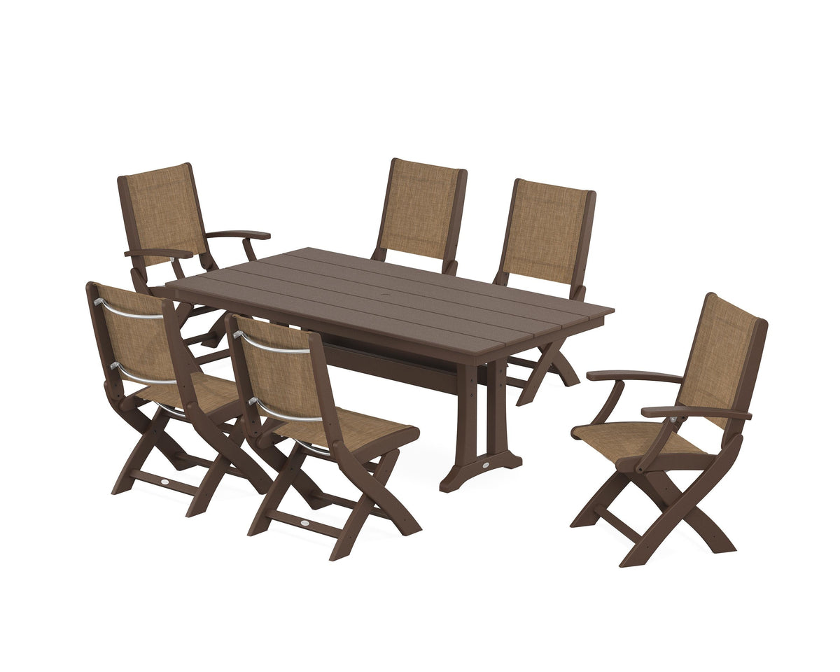 POLYWOOD Coastal Folding Chair 7-Piece Farmhouse Dining Set with Trestle Legs in Mahogany / Burlap