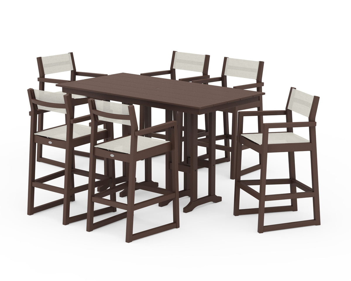 POLYWOOD EDGE Sling Arm Chair 7-Piece Farmhouse Bar Set in Mahogany / Parchment