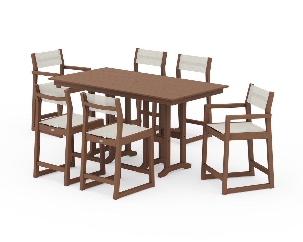 POLYWOOD EDGE Sling 7-Piece Farmhouse Counter Set with Trestle Legs in Teak / Parchment