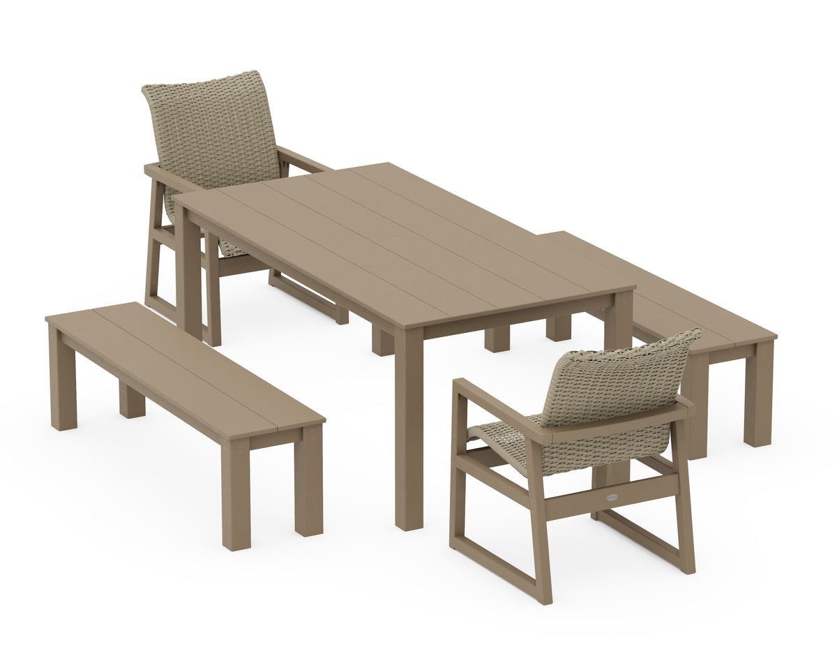 POLYWOOD EDGE Woven 5-Piece Parsons Dining Set with Benches in Vintage Sahara / Dune Grass