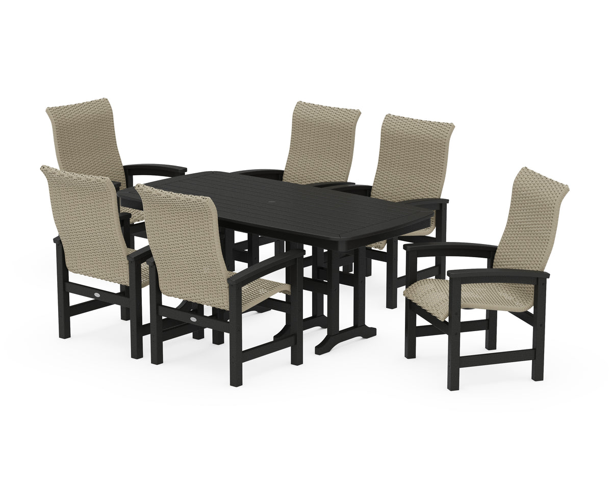 POLYWOOD Coastal Woven High-Back Arm Chair 7-Piece Dining Set in Black / Dune Grass