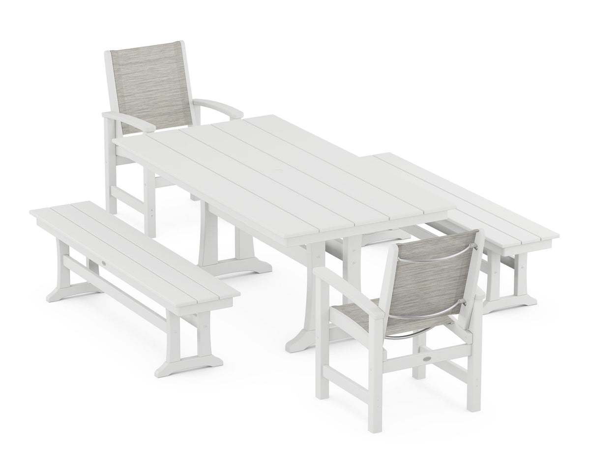 POLYWOOD Coastal 5-Piece Farmhouse Dining Set with Trestle Legs and Benches in White / Birch