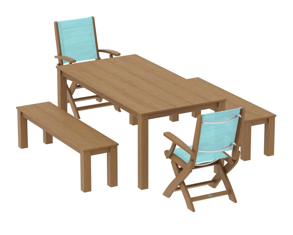 POLYWOOD Coastal Folding Chair 5-Piece Parsons Dining Set with Benches in Natural / Dupioni Aquamarine