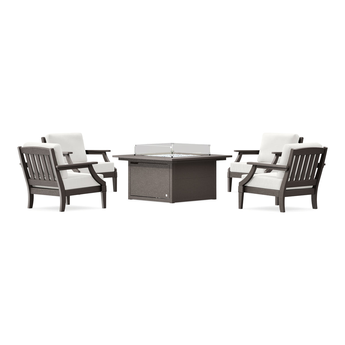 POLYWOOD PW Designer Series Estate 5-Piece Lounge Fire Table Set in Vintage Coffee / Natural Linen