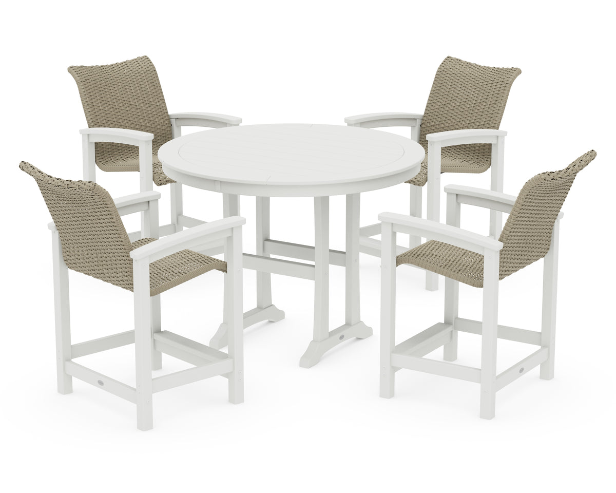 POLYWOOD Coastal Woven 5-Piece Round Counter Set in White / Dune Grass