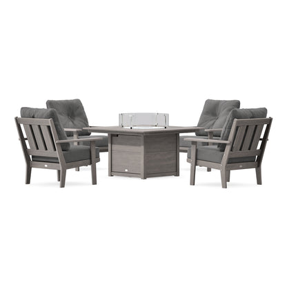 POLYWOOD Oxford 5-Piece Deep Seating Set with Fire Pit Table in Driftwood