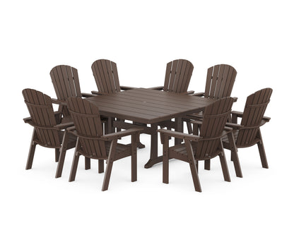 POLYWOOD Nautical Curveback Adirondack 9-Piece Square Dining Set with Trestle Legs in Mahogany