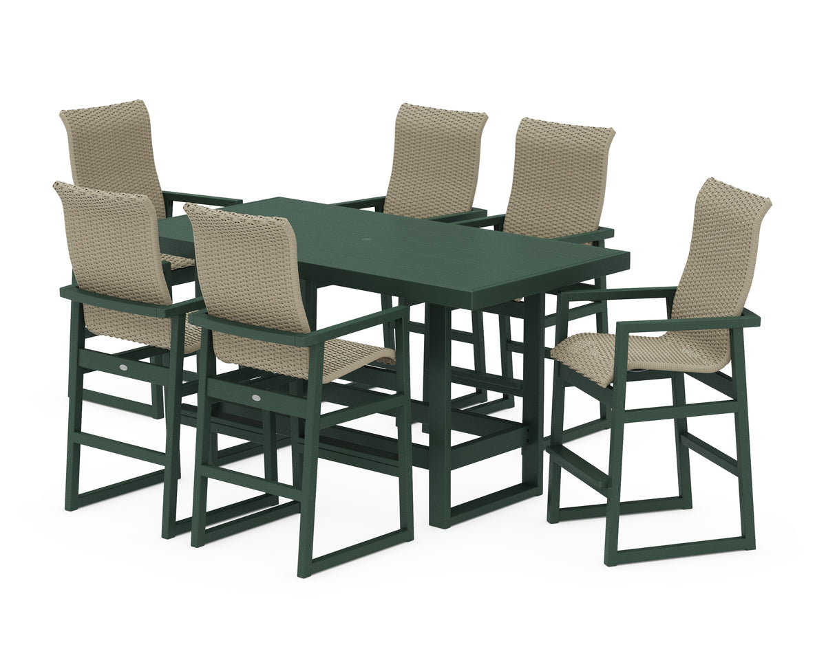 POLYWOOD EDGE Woven Highback Arm Chair 7-Piece Bar Set in Green / Dune Grass