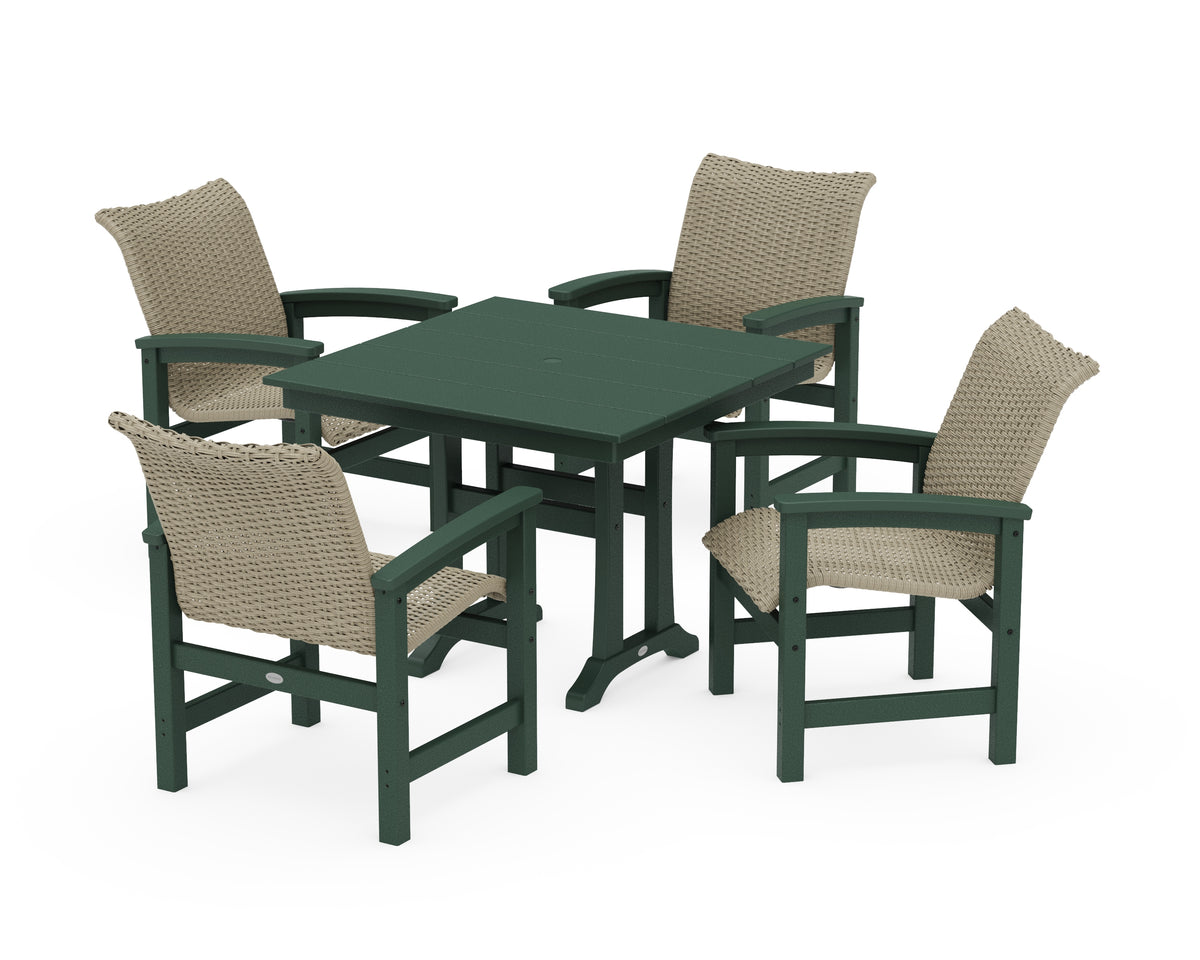 POLYWOOD Coastal Woven 5-Piece Farmhouse Dining Set with Trestle Legs in Green / Dune Grass