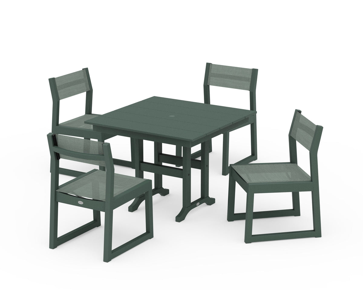 POLYWOOD EDGE Sling Side Chair 5-Piece Farmhouse Dining Set in Green / Dupioni Sea Mist