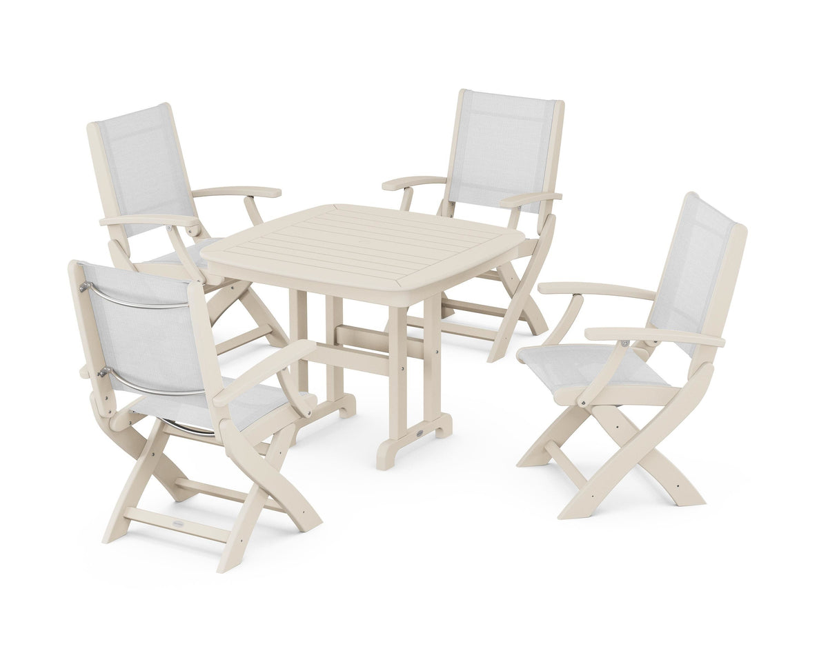 POLYWOOD Coastal Folding Chair 5-Piece Dining Set with Nautical 37" Dining Table in Sand / White