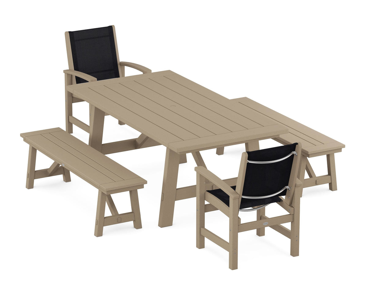 POLYWOOD Coastal 5-Piece Rustic Farmhouse Dining Set With Benches in Vintage Sahara / Black