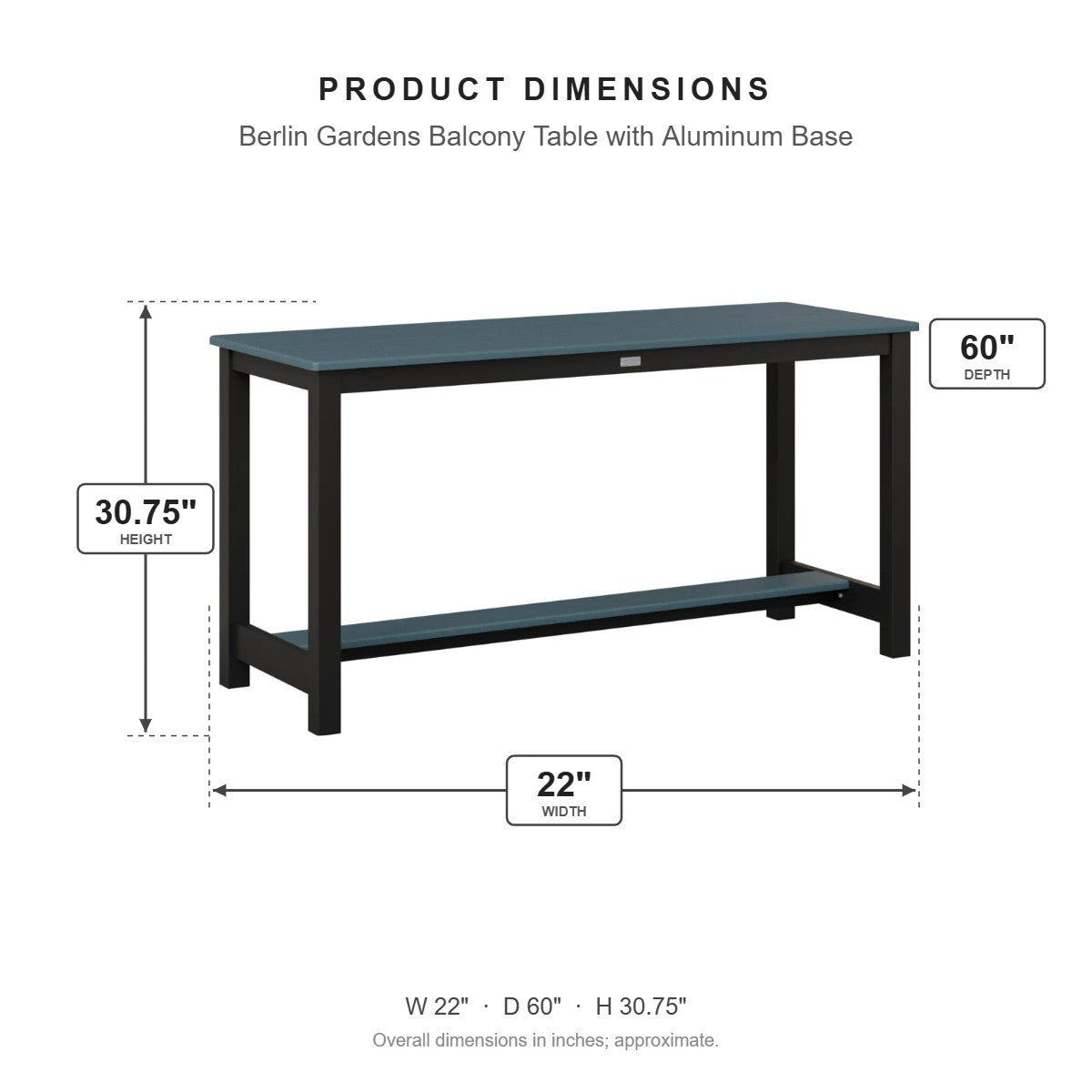 Berlin Gardens Balcony Table with Aluminum Base dimensions: 22 in W x 60 in D x 30.75 in H